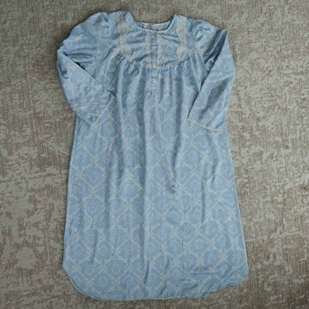 Miss Elaine Lace Floral Granny Nightgown L Blue White